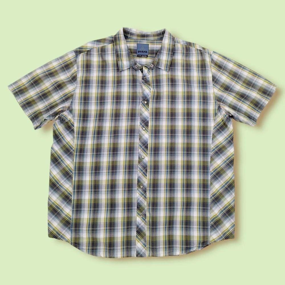 Prana Pearl Snap Button Shirt Mens XL Plaid Blue Brown Top‎